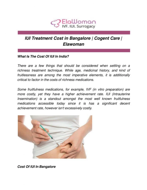IUI Treatment Cost in Bangalore | Cogent Care | Elawoman