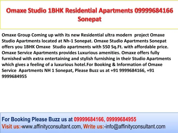 Omaxe Coming Soon Studio Apartments 09999684166 In Sonepat
