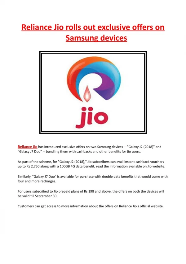 Reliance Jio rolls out exclusive offers on Samsung devices