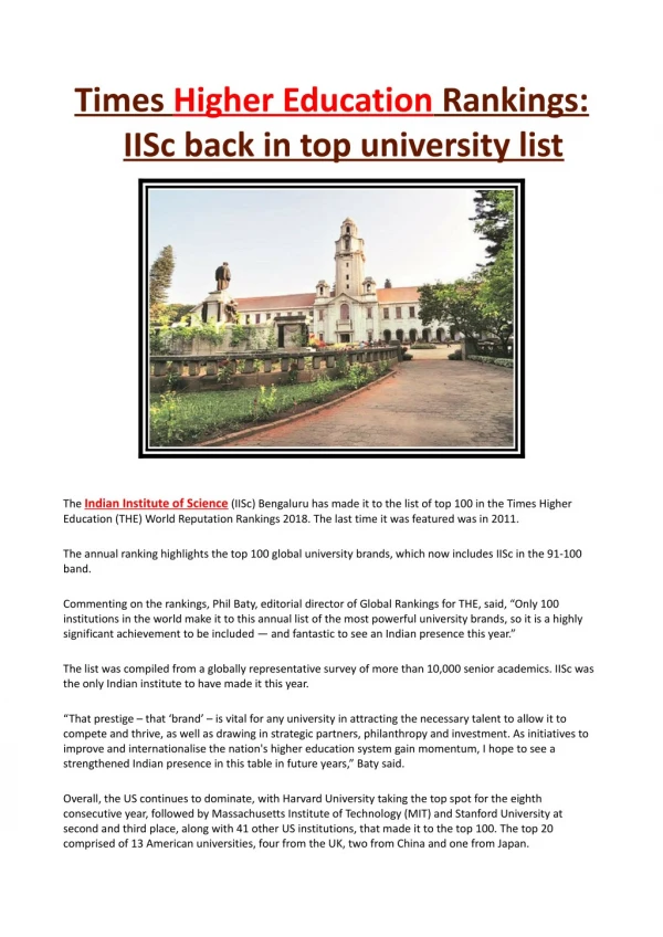 Times higher education rankings iisc back in top university list