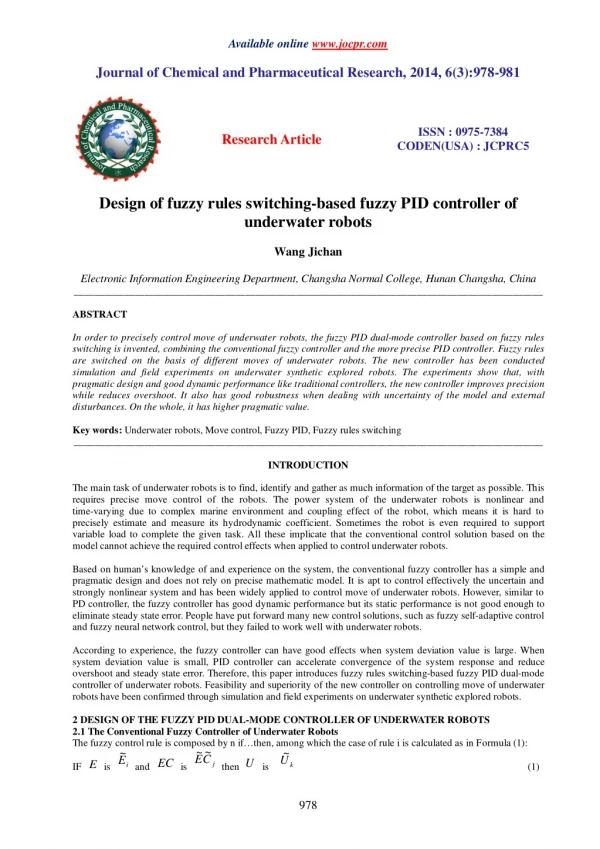 Design of fuzzy rules switching-based fuzzy PID controller of underwater robots