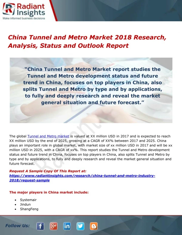 China Tunnel and Metro Market 2018 Research, Analysis, Status and Outlook Report