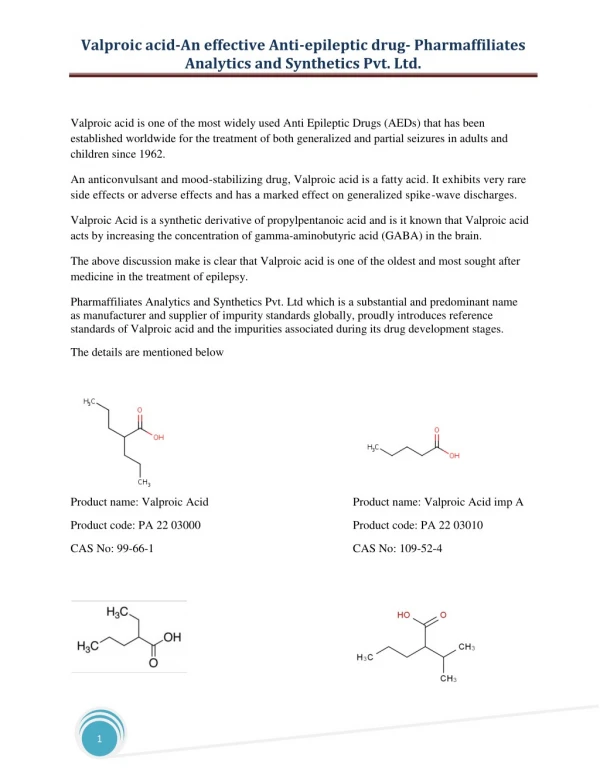 Valproic acid-An effective Anti-epileptic drug- Pharmaffiliates Analytics and Synthetics Pvt. Ltd.