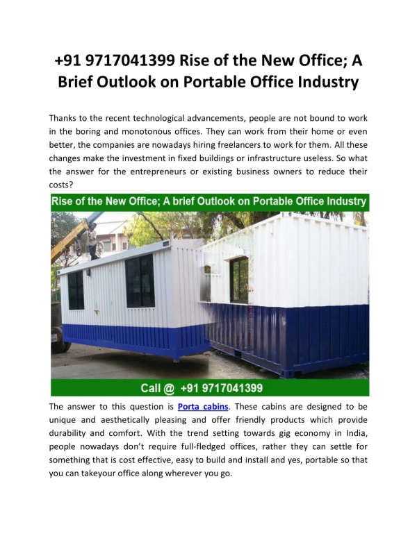 91 9717041399 Rise of the New Office; A Brief Outlook on Portable Office Industry