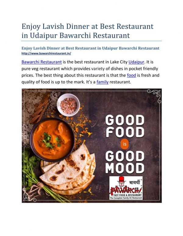 Enjoy Lavish Dinner at Best Restaurant in Udaipur Bawarchi Restaurant