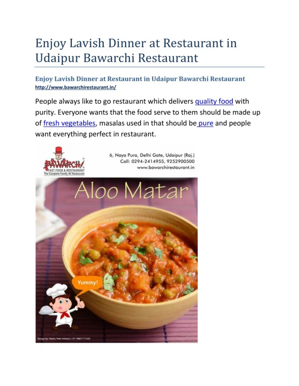 Enjoy Lavish Dinner at Restaurant in Udaipur Bawarchi Restaurant