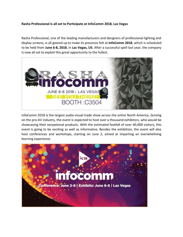 Experience the Exceptional Performance of Rasha Professional’s Products at InfoComm 2018