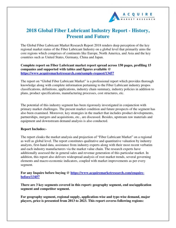 Fiber Lubricant Market - Global Trends, Market Share, Industry Size, Growth, Opportunities, and Market in US Forecast, 2