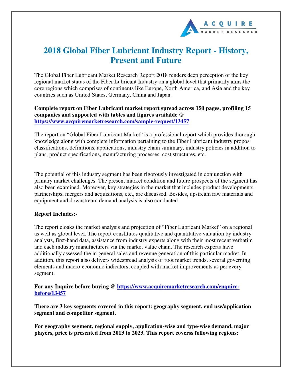2018 global fiber lubricant industry report