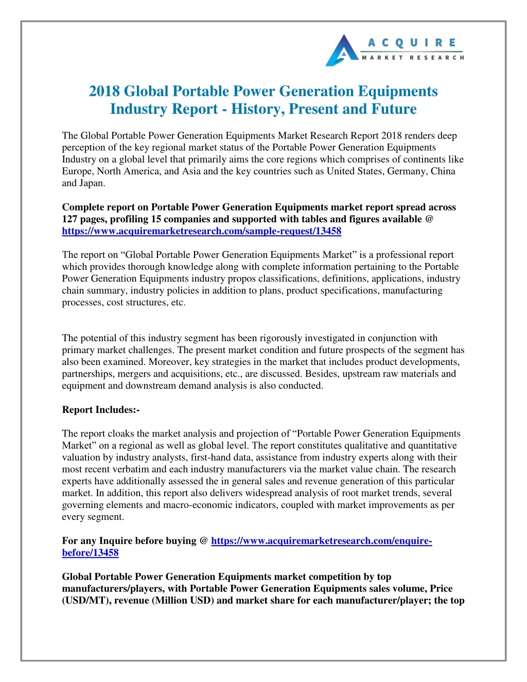 2018 global portable power generation equipments