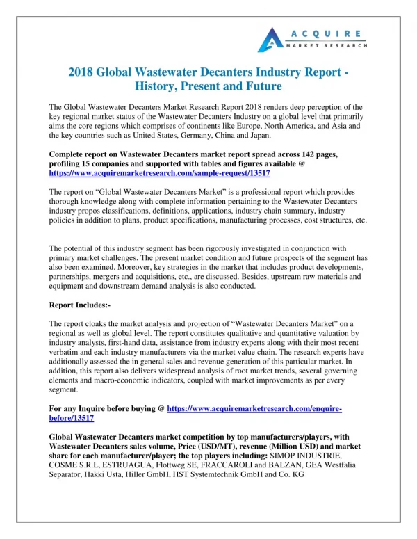 Wastewater Decanters Industry: Global Market Trend, Share, Profit, Growth and Key Manufacturers Analysis Report