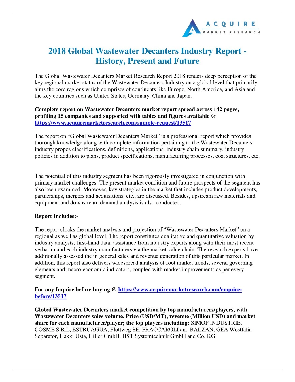 2018 global wastewater decanters industry report