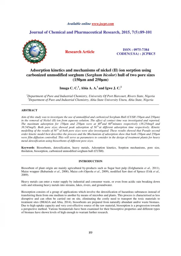 Adsorption kinetics and mechanisms of nickel (II) ion sorption using carbonized unmodified sorghum (Sorghum bicolor) hul