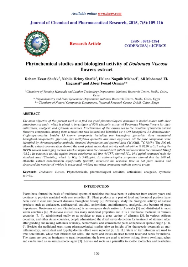 Phytochemical studies and biological activity of Dodonaea Viscosa flowers extract