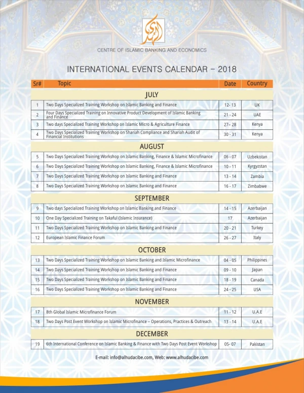 AlHuda CIBE - International Event Calendar July - Dec, 2018