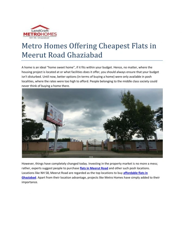 Metro Homes Offering Cheapest Flats in Meerut Road Ghaziabad