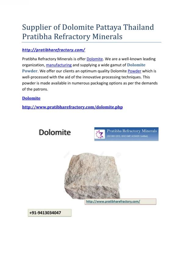Supplier of Dolomite Pattaya Thailand Pratibha Refractory Minerals
