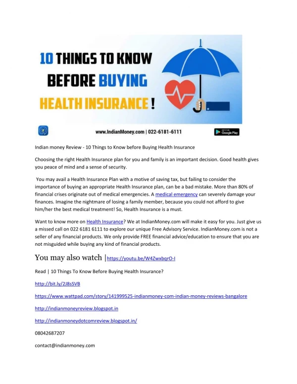 Indian money Review - 10 Things to Know before Buying Health Insurance