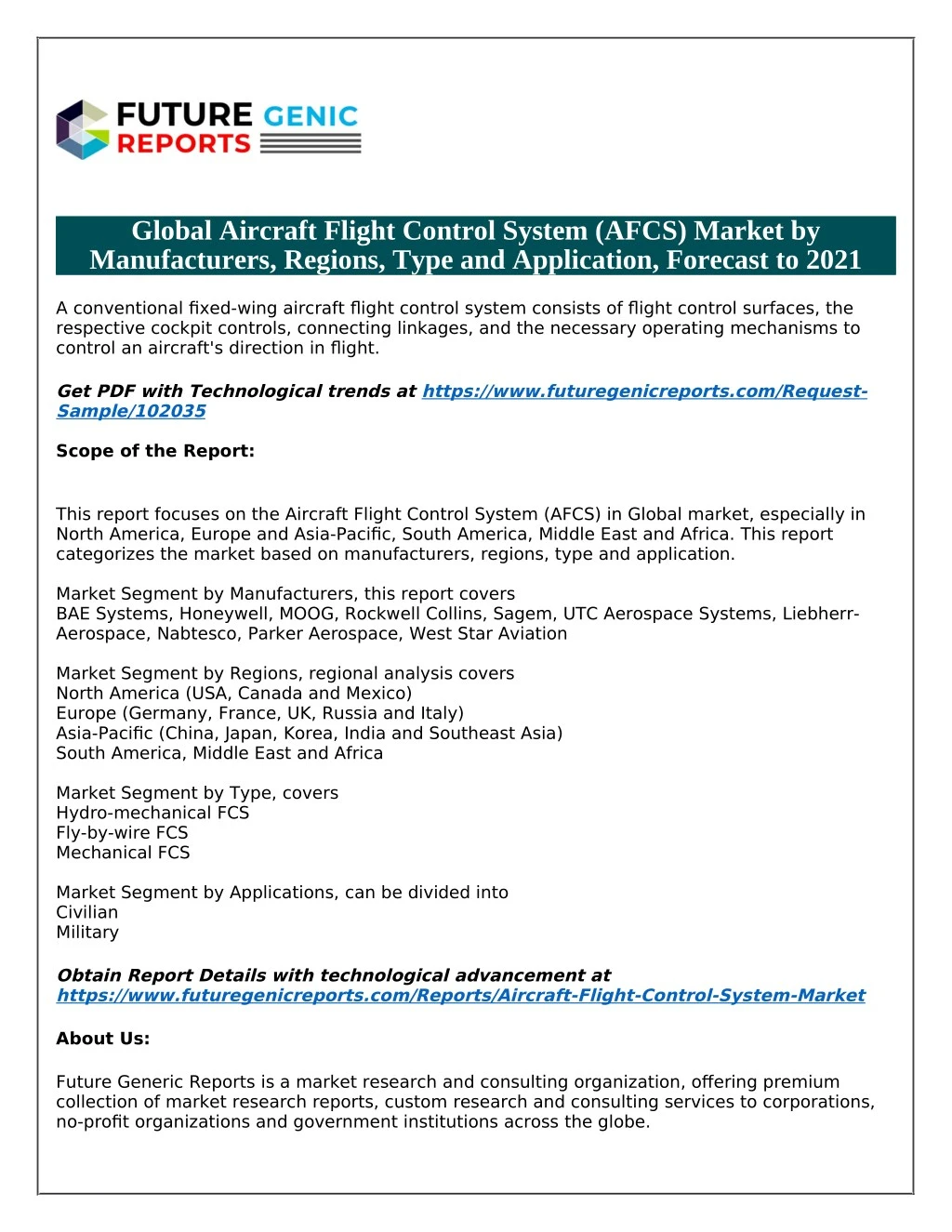 global aircraft flight control system afcs market