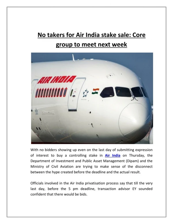 No Takers for Air India Stake Sale Core Group to Meet Next Week