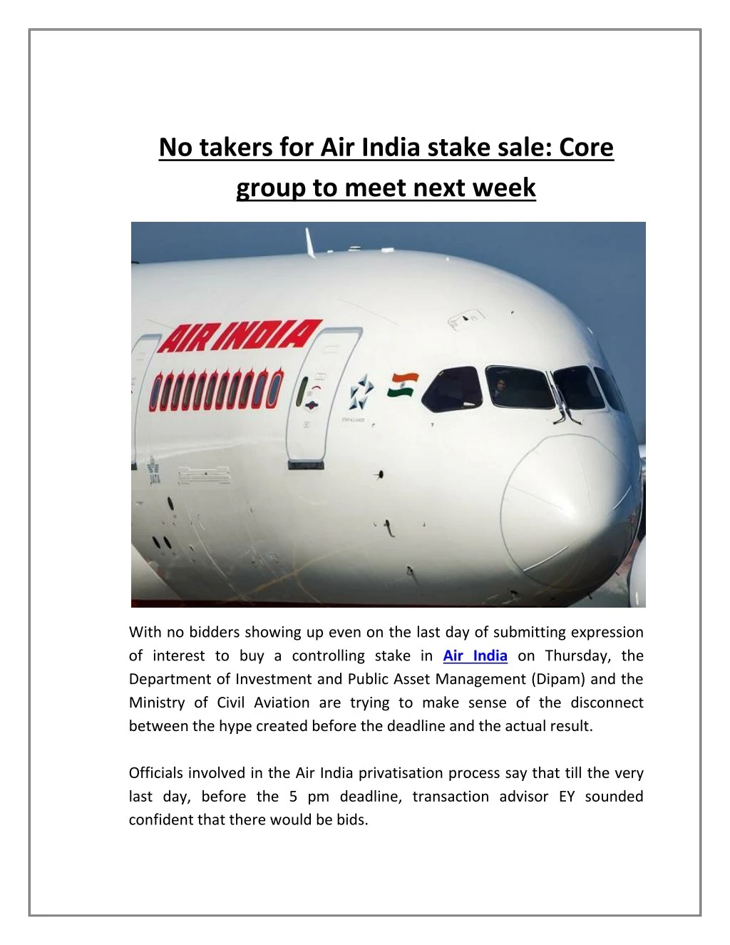 no takers for air india stake sale core group
