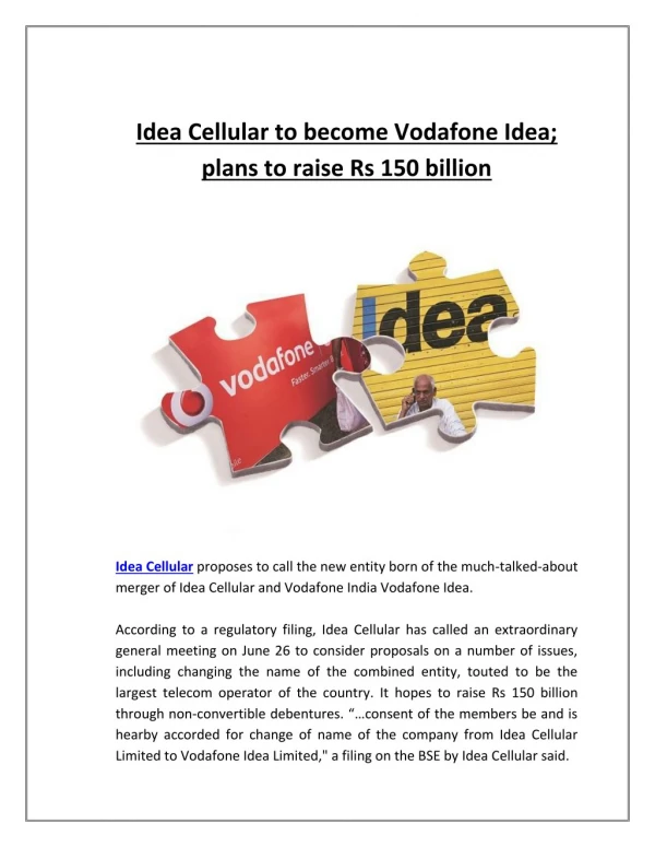 Idea Cellular to Become Vodafone Idea