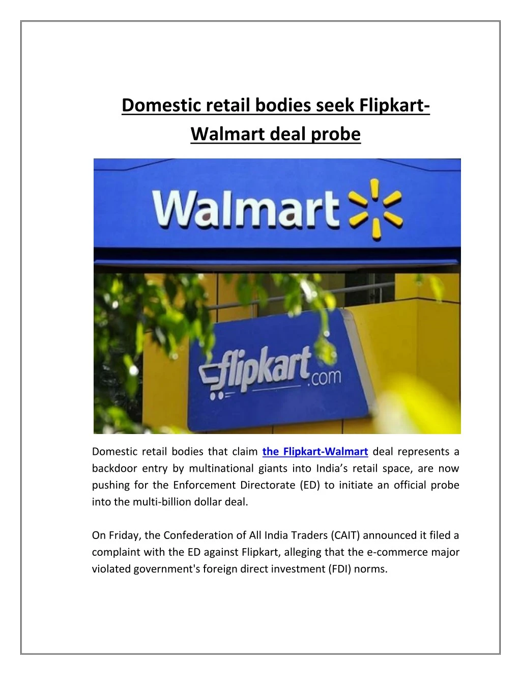 domestic retail bodies seek flipkart walmart deal