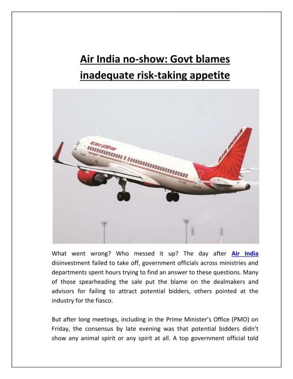 Air India No-show Govt Blames Inadequate Risk-taking Appetite