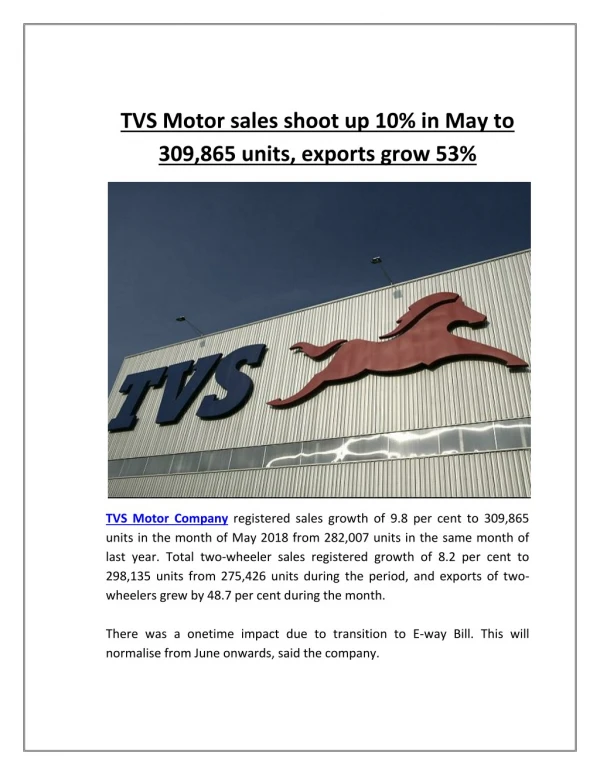 TVS Motor Sales Shoot Up 10% in May to 309,865 Units, Exports Grow 53%