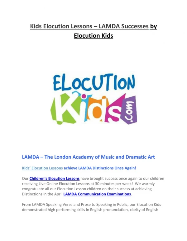 Kids Elocution Lessons – LAMDA Successes by Elocution Kids