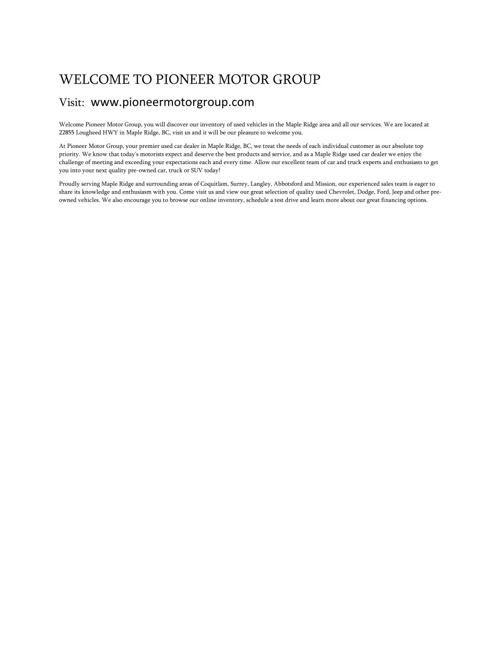 welcome to pioneer motor group