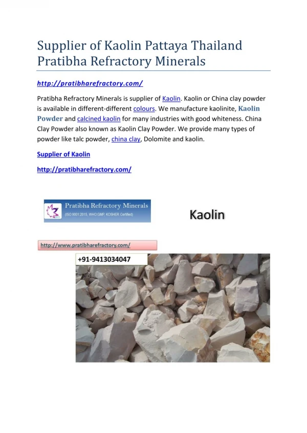 Supplier of Kaolin Pattaya Thailand Pratibha Refractory Minerals