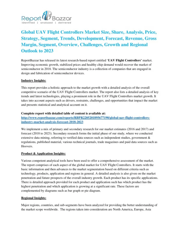 UAV Flight Controllers Market | 2018 Industry Key Players By Size, Share, Growth, Trends, Forecast 2023