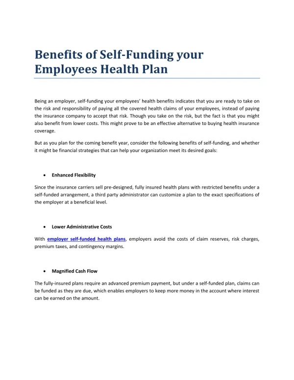 Benefits of Self-Funding your Employees Health Plan