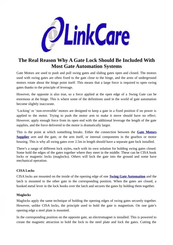 The Real Reason Why A Gate Lock Should Be Included With Most Gate Automation Systems