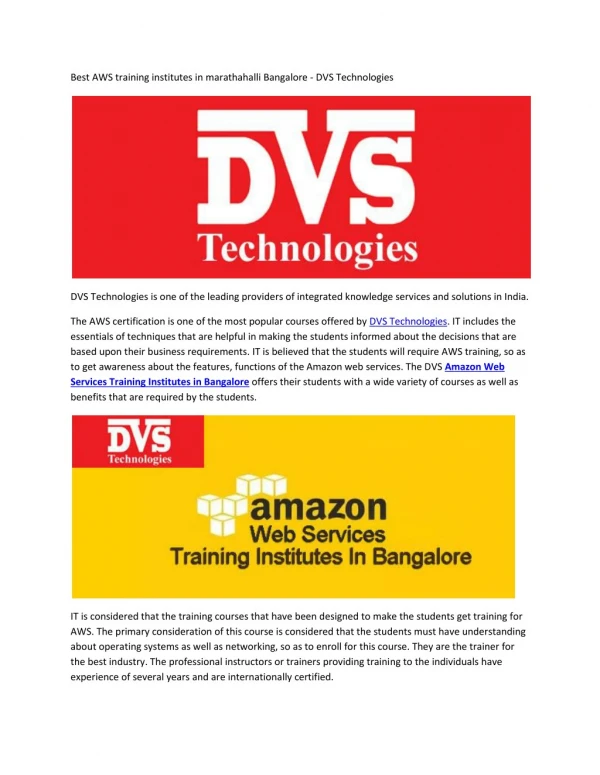 Best AWS training institutes in marathahalli Bangalore - DVS Technologies