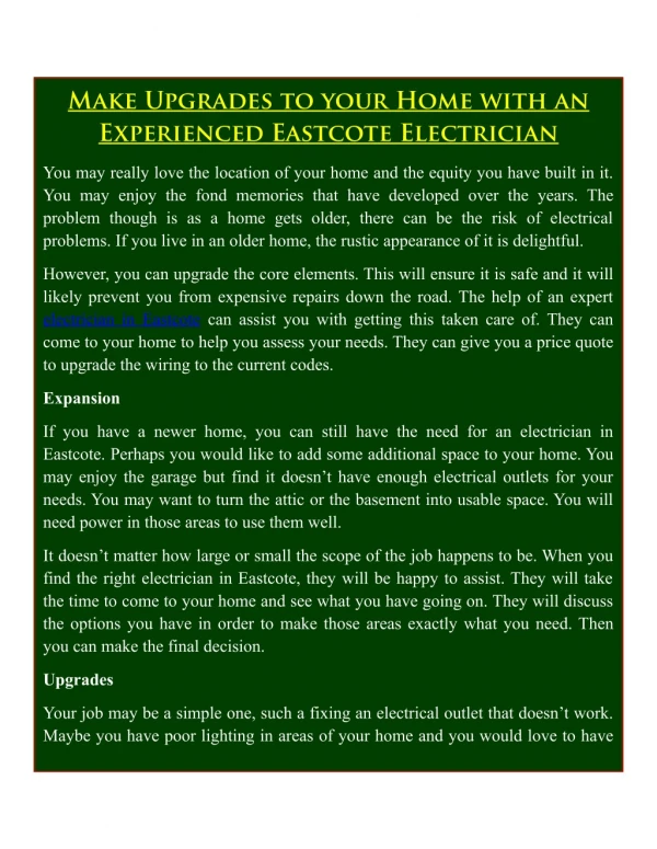Make Upgrades to your Home with an Experienced Eastcote Electrician