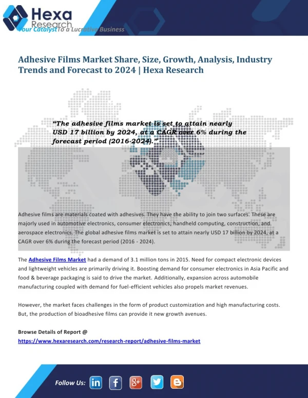 Adhesive Films Industry Research Report till 2024 - Hexa Research