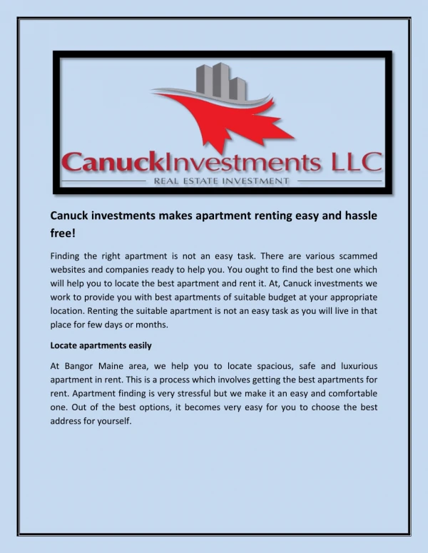 Canuck investments makes apartment renting easy and hassle free!