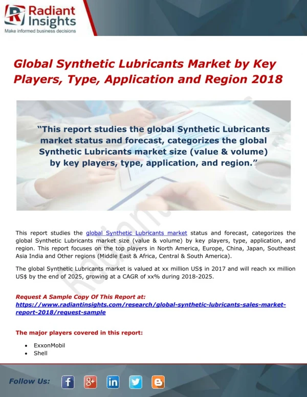 Global Synthetic Lubricants Market by Key Players, Type, Application and Region 2018