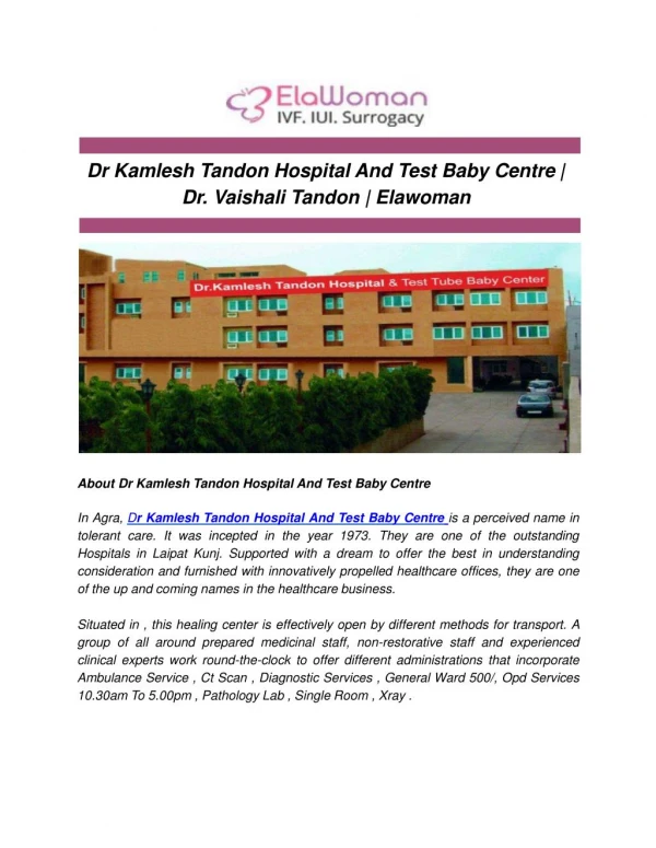 Dr Kamlesh Tandon Hospital And Test Baby Centre | Dr. Vaishali Tandon | Elawoman