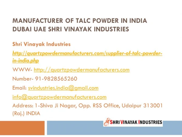 Manufacturer of Talc powder in India Dubai UAE Shri Vinayak Industries