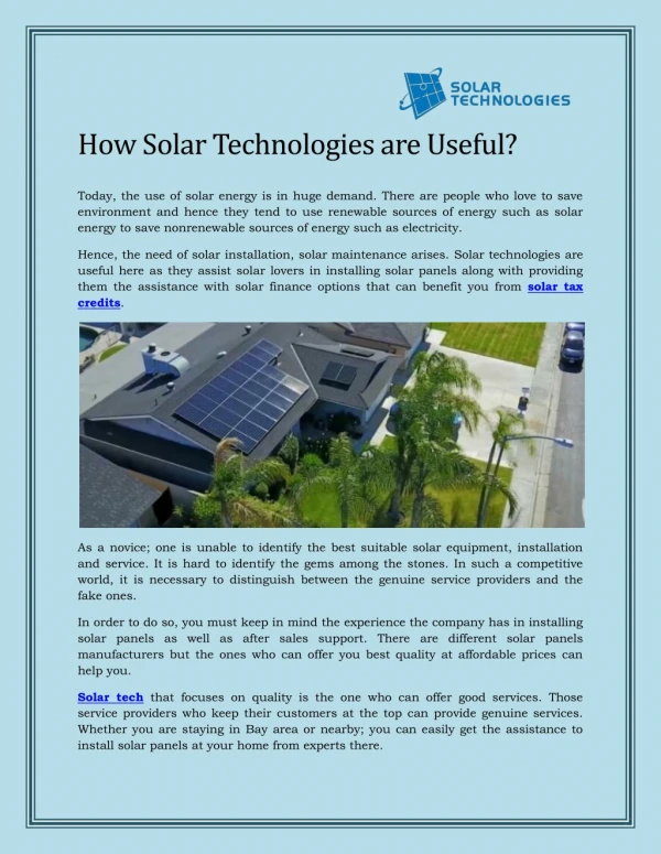 How Solar Technologies are Useful? - Solar Technologies