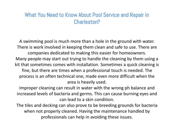 What You Need to Know About Pool Service and Repair in Charleston?