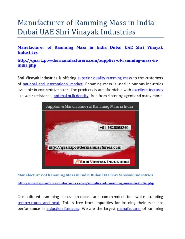 Manufacturer of Ramming Mass in India Dubai UAE Shri Vinayak Industries