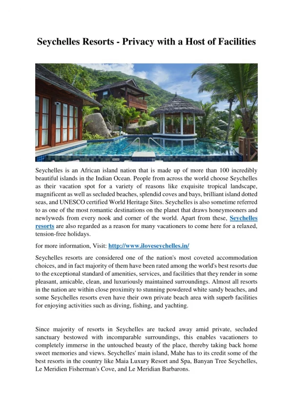 Seychelles Resorts - Privacy With a Host of Facilities