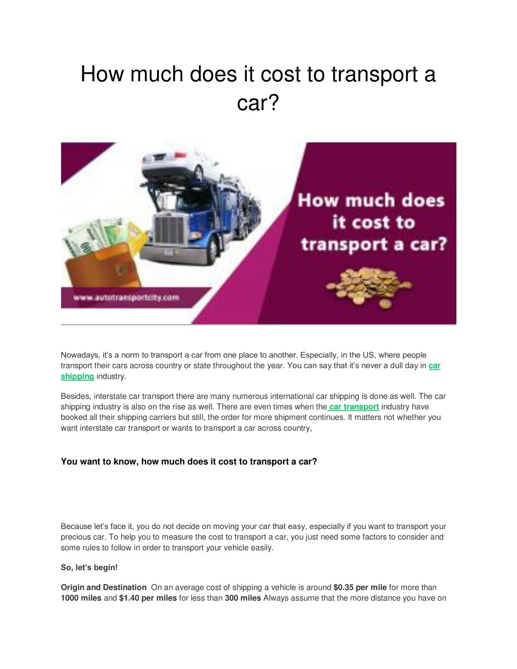 how much does it cost to transport a car