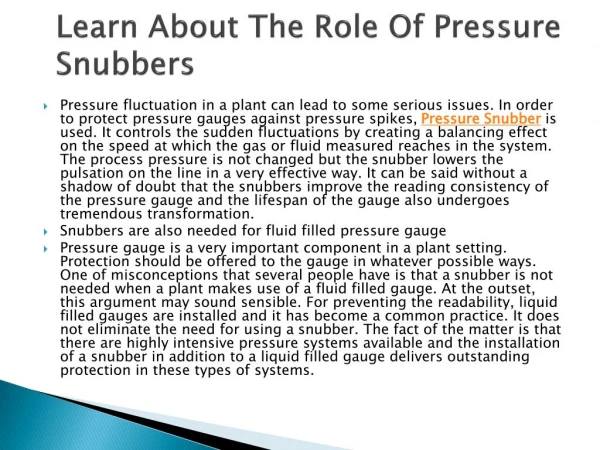 Learn About The Role Of Pressure Snubbers