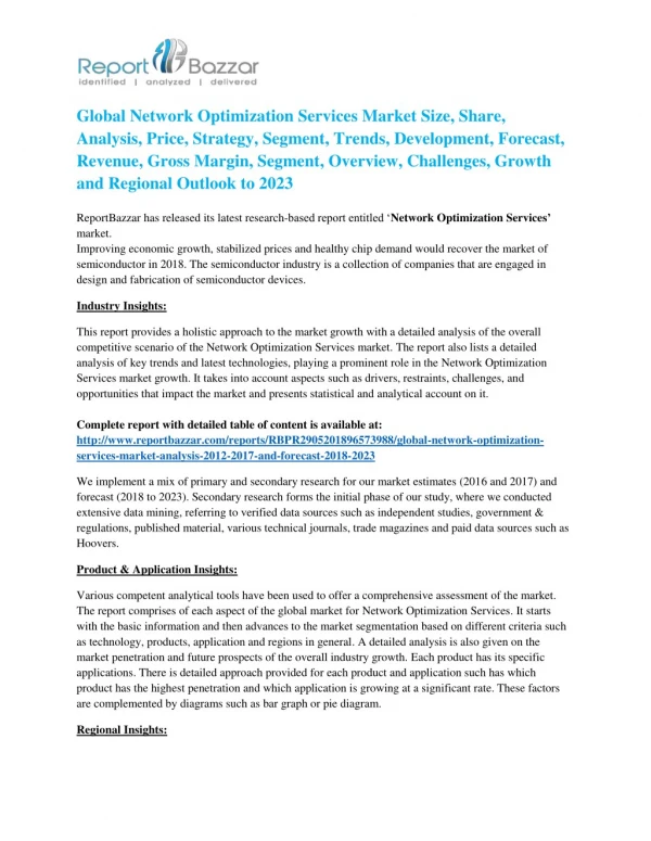 Global Network Optimization Services Market 2018: Size, Share, Analysis, Regional Outlook and Forecast-2023