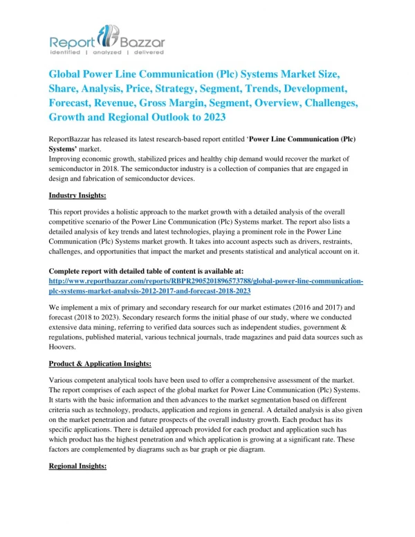 Global Power Line Communication (Plc) Systems Market 2018 Share, Trend, Segmentation and Forecast to 2023